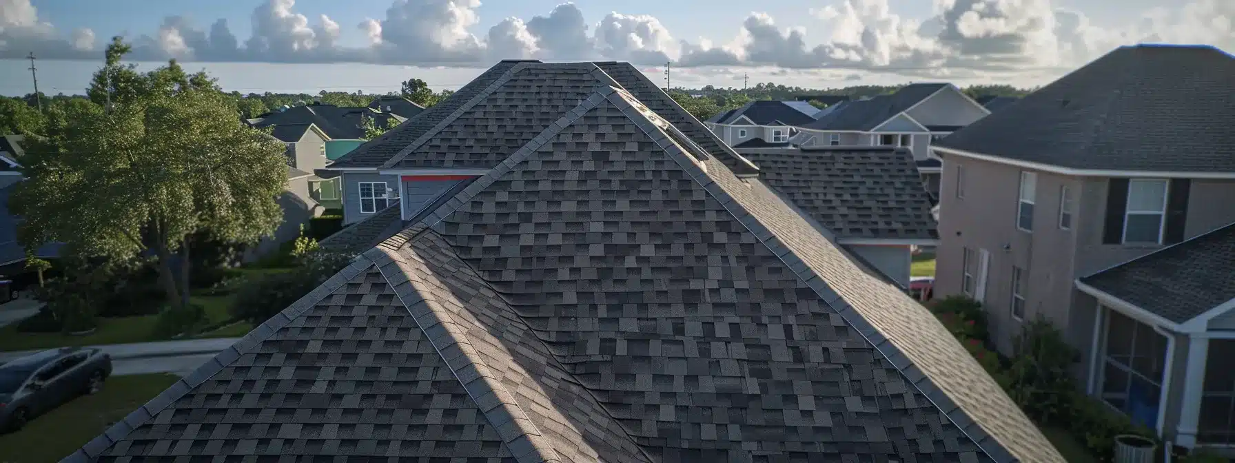 a photo of impact resistant shingles on a roof, showcasing their durability withstanding harsh weather conditions in new orleans.