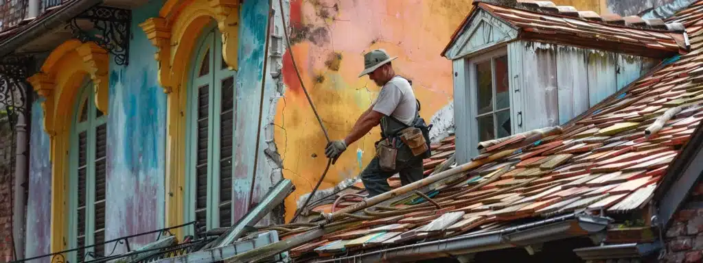 a skilled worker carefully repairing a worn, colorful new orleans-style roof with traditional french tiles.