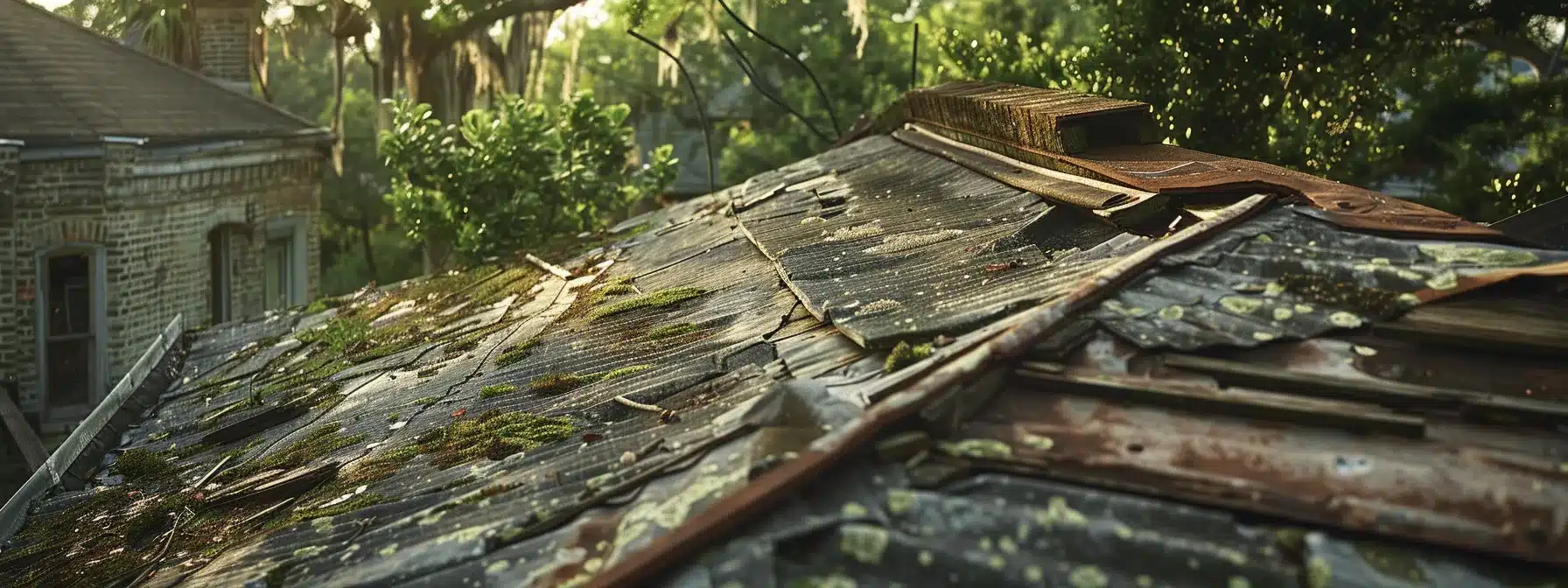 a sturdy roof in new orleans, weather-beaten by hurricanes and hail, with a skilled roofer at work making repairs.