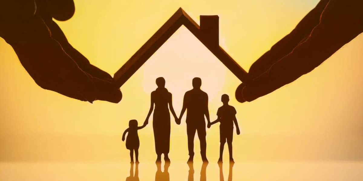 A family standing under a protective roof, symbolizing the safety provided by impact-resistant shingles.