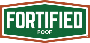 FORTIFIED Roof logo with white text on a green shield background, outlined in orange and white.