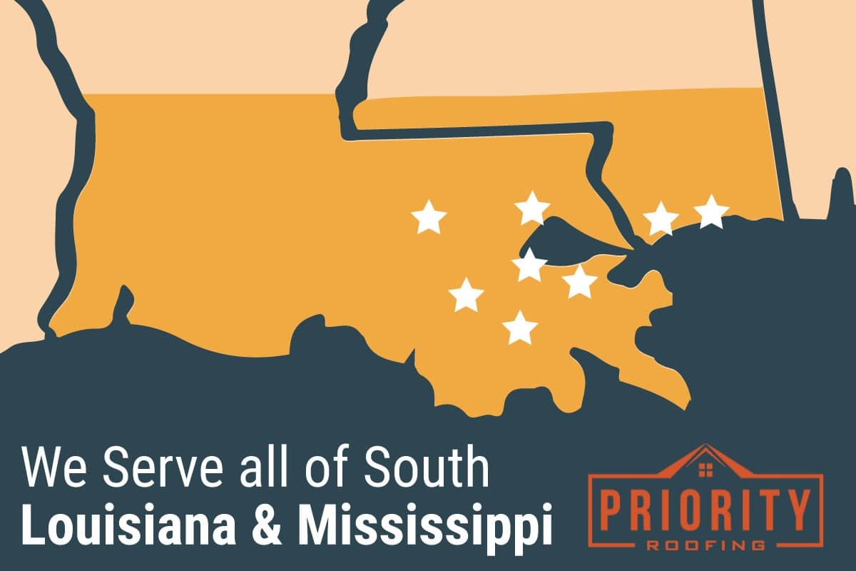 Map highlighting Priority Roofing’s  roofing services across South Louisiana and Mississippi, showcasing service locations for businesses in the region.